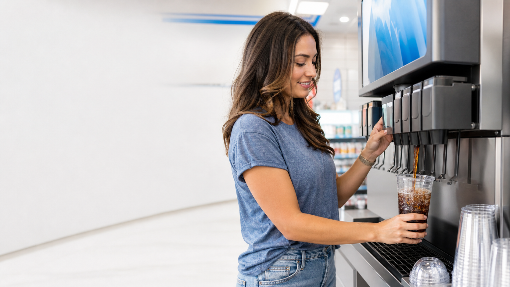 Woman filling a cold drink in a clear plastic cup at a convenience-store fountain station
